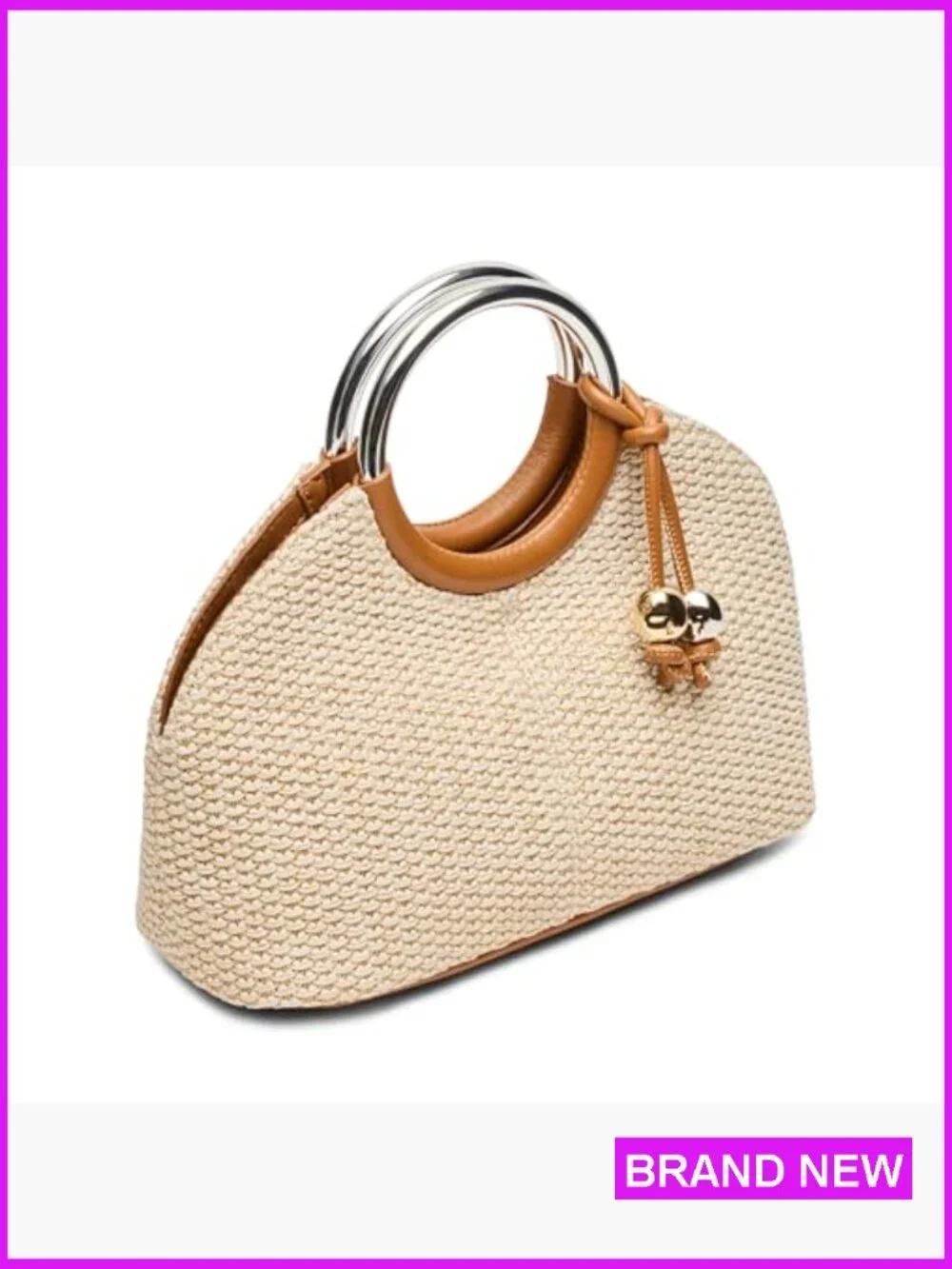 O-Ring Top Handle Bag Straw Crossbody Straw Bag Summer Straw Handbag Shoulder - Picture 2 of 5